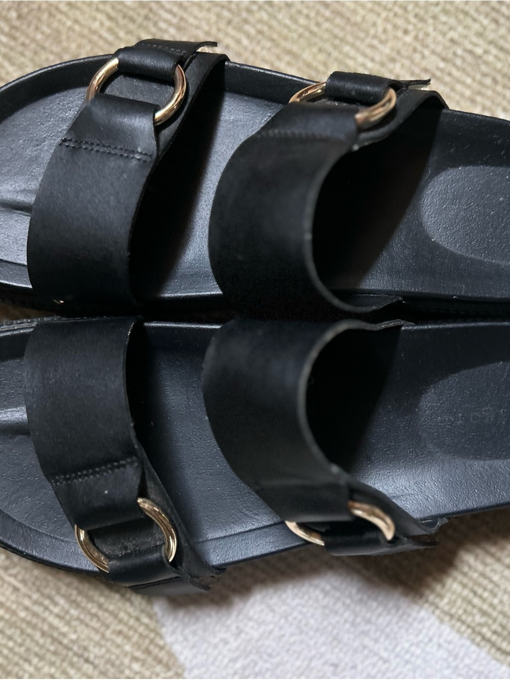 Indigo Black Double-Strap Slide Sandals with Gold Rings
